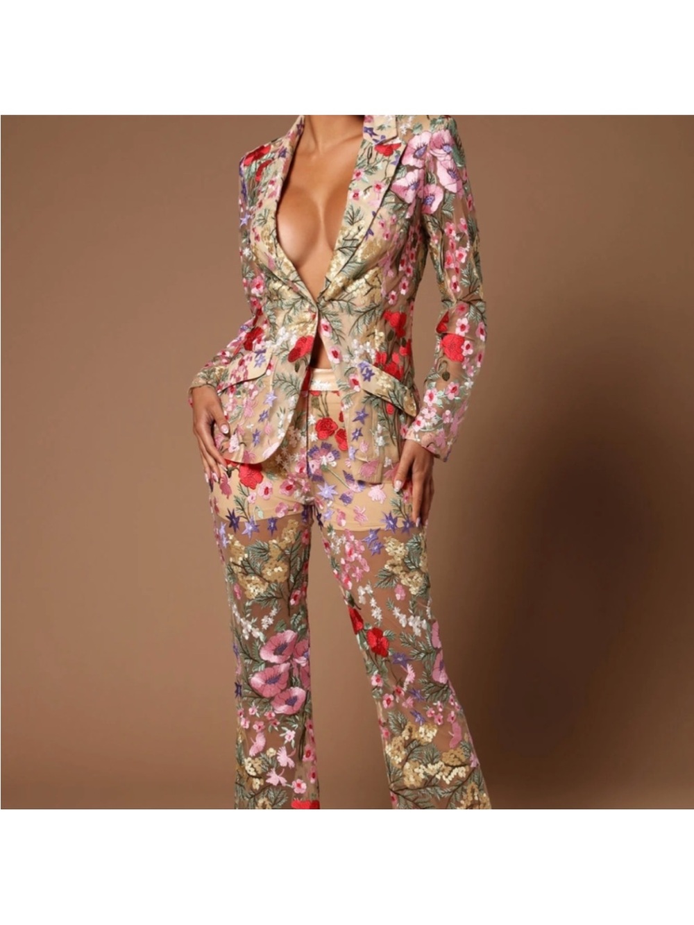Fashion Nova Luxe Sheer Embroidered Floral Suit Set Small